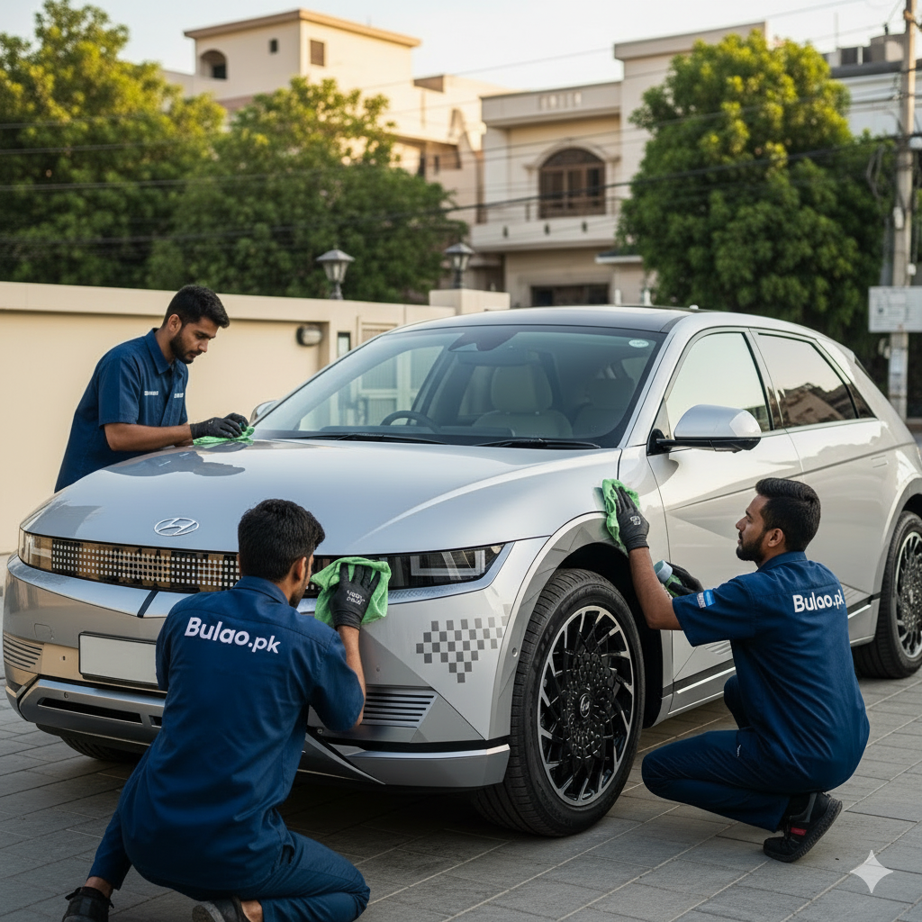 Hyundai Ioniq 5 electric SUV receiving professional exterior cleaning and detailing service in Karachi with Bulao.pk technicians.