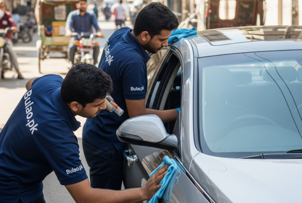 Hyundai Sonata receiving professional detailing in Karachi by two technicians in navy blue Bulao.pk uniforms, one polishing the exterior and the other cleaning the interior, with a subtle Karachi street backdrop featuring rickshaws and motorbikes.