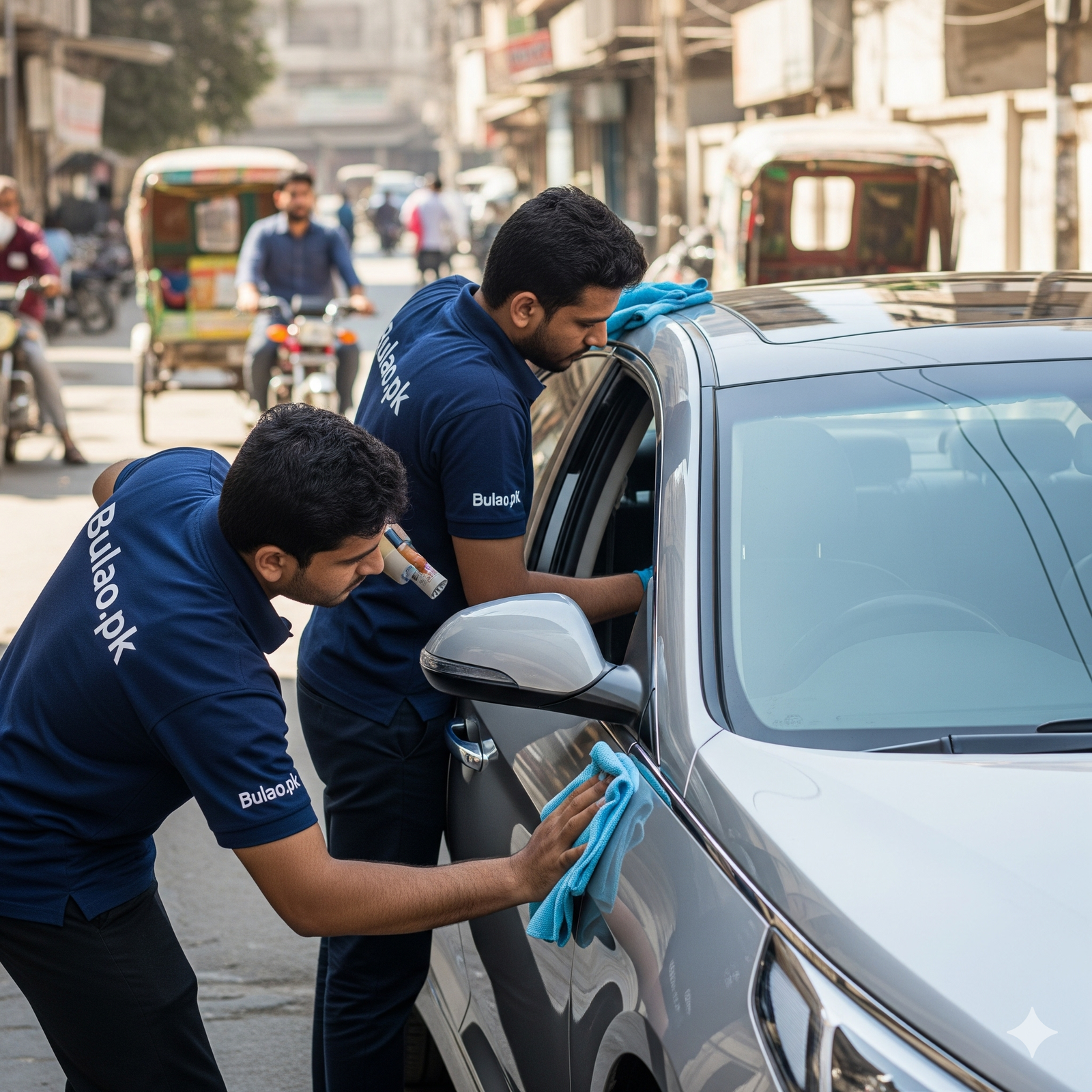 Hyundai Sonata receiving professional detailing in Karachi by two technicians in navy blue Bulao.pk uniforms, one polishing the exterior and the other cleaning the interior, with a subtle Karachi street backdrop featuring rickshaws and motorbikes.
