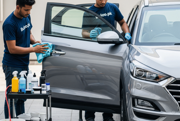 wo professional technicians wearing navy blue Bulao.pk shirts detailing a shiny Hyundai Tucson 2019. One polishes the SUV’s exterior with a microfiber cloth while the other vacuums the interior. The car has a glossy metallic finish, and detailing tools are placed nearby, captured in a realistic DSLR-style outdoor setting.