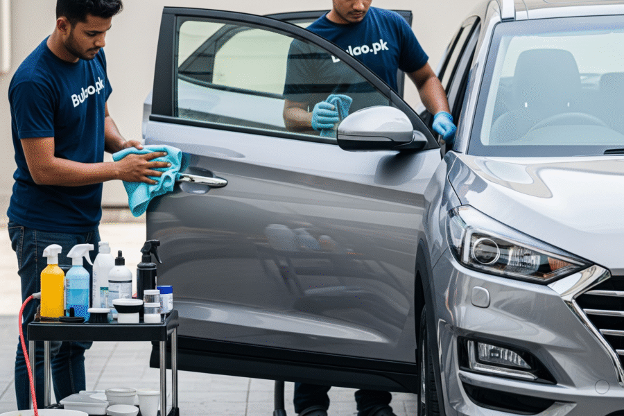 wo professional technicians wearing navy blue Bulao.pk shirts detailing a shiny Hyundai Tucson 2019. One polishes the SUV’s exterior with a microfiber cloth while the other vacuums the interior. The car has a glossy metallic finish, and detailing tools are placed nearby, captured in a realistic DSLR-style outdoor setting.