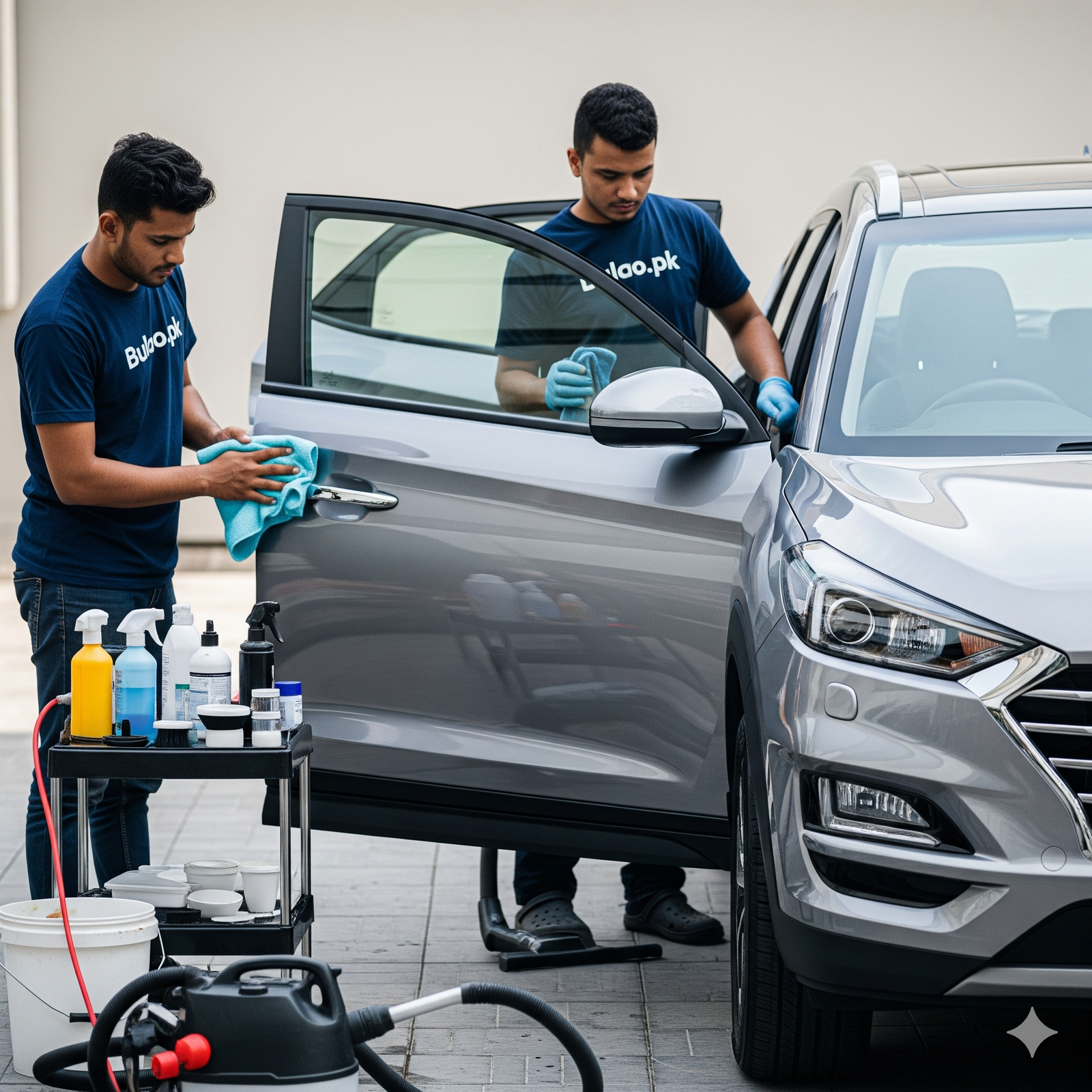 wo professional technicians wearing navy blue Bulao.pk shirts detailing a shiny Hyundai Tucson 2019. One polishes the SUV’s exterior with a microfiber cloth while the other vacuums the interior. The car has a glossy metallic finish, and detailing tools are placed nearby, captured in a realistic DSLR-style outdoor setting.