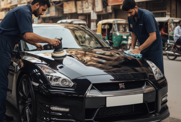 Nissan GT-R premium car cleaning and detailing service in Karachi with technicians polishing and wiping for a flawless showroom finish.