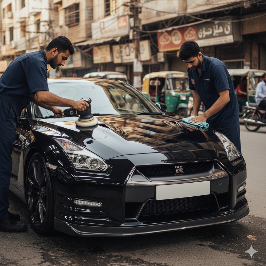 Nissan GT-R premium car cleaning and detailing service in Karachi with technicians polishing and wiping for a flawless showroom finish.