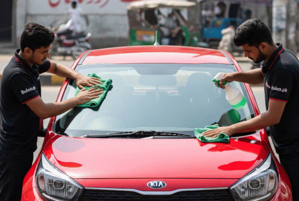 KIA Picanto hatchback being detailed by two Bulao.pk technicians on a Karachi roadside