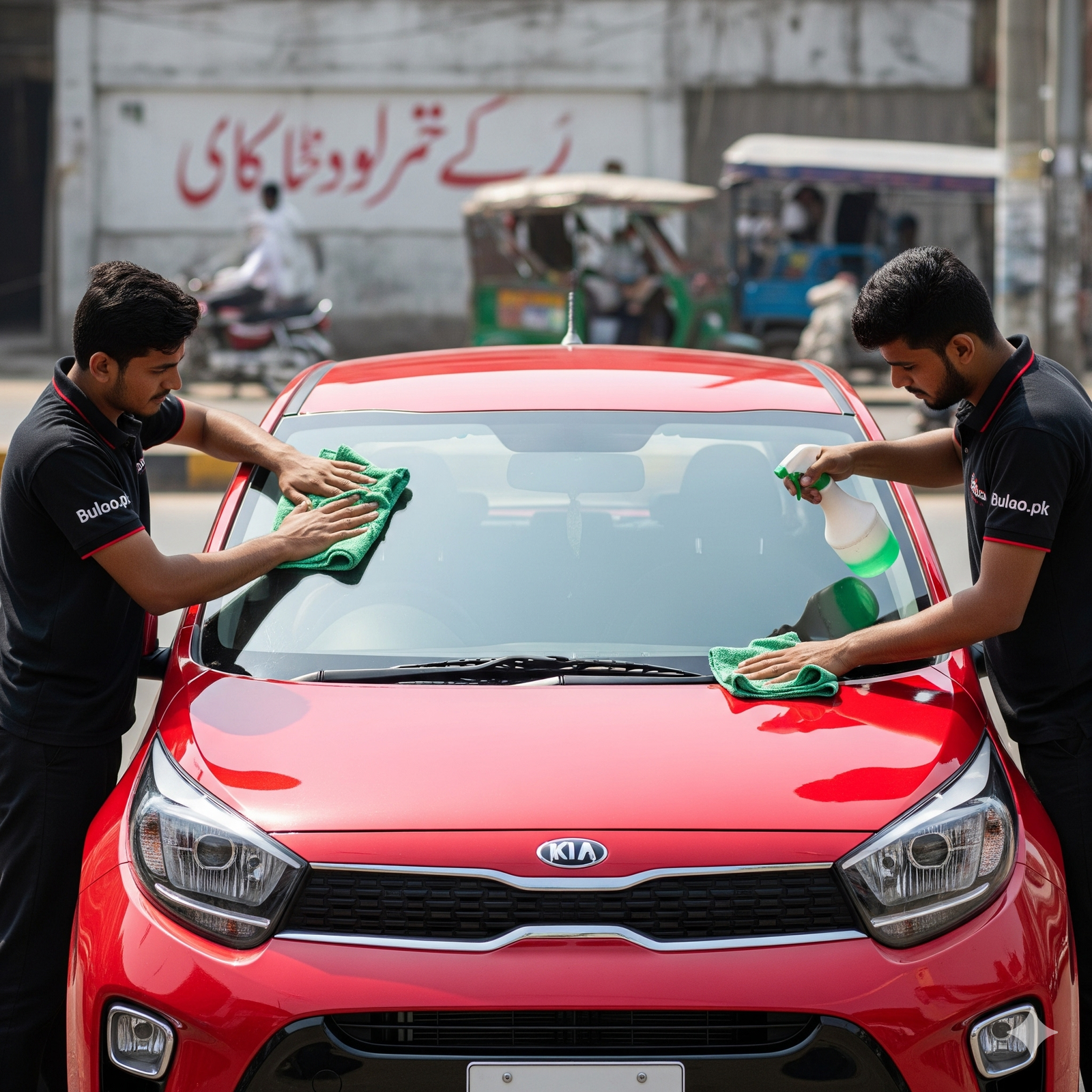 KIA Picanto hatchback being detailed by two Bulao.pk technicians on a Karachi roadside